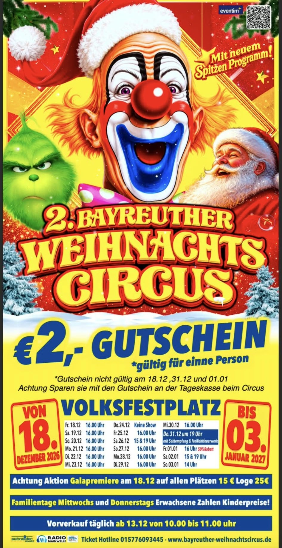 Plakat mit 2 Euro Gutschein und allen Spielzeiten des 2. Bayreuther Weihnachtscircus